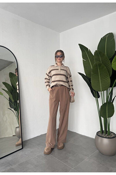 ELAYF Light Brown Pleated Full Fit Wide Leg Palazzo Pants