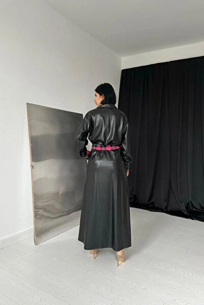 GENCULUS Black Garnished Skirt Leather Suit