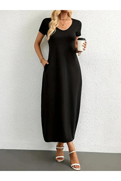 GENCULUS Women's Short Sleeve Viscose Dress with Round Neck and Pockets