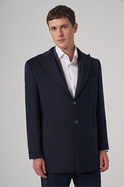 Morven Men's Navy Blue Wool Flat Dynamic Fit Pointed Collar Coat