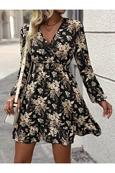 GENCULUS Women's long sleeve double breasted lapel waist guiped floral print short diving dress