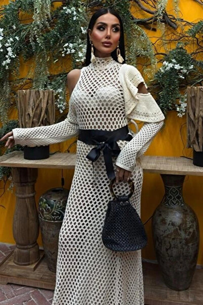 GENCULUS Satin Belted Openwork Knitwear Dress 2847