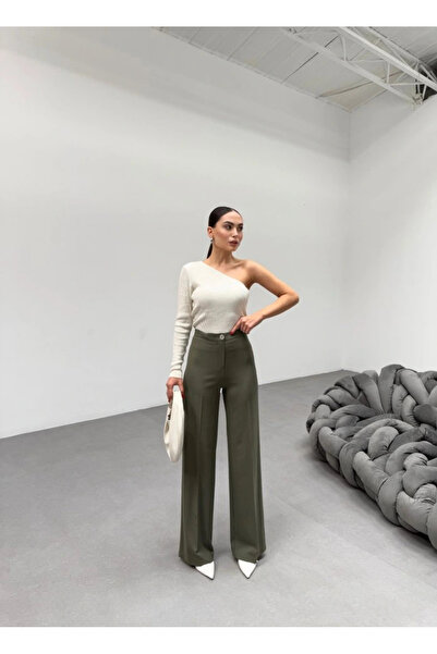 GENCULUS 230 Gr Poly Viscose Lycra Metal Button Palazzo Trousers