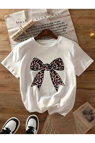 shi dumanlar giyim Oversize Bay/ Leopar Kurdele Baskılı Penye Tshirt