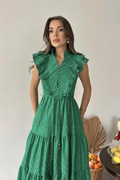 GENCULUS Emerald Ruffled Buttoned Dress