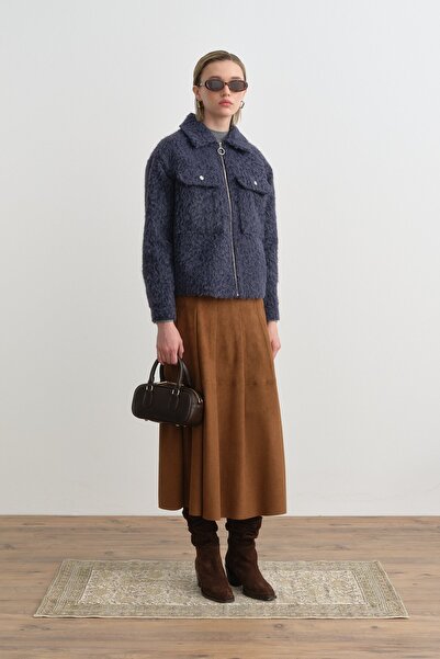 Nihan Fermuarlı Kısa Kaşe Ceket İndigo