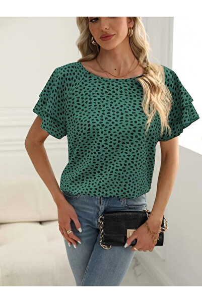 GENCULUS Women's Short Sleeve Flywheel Printed Single Jersey Blouse