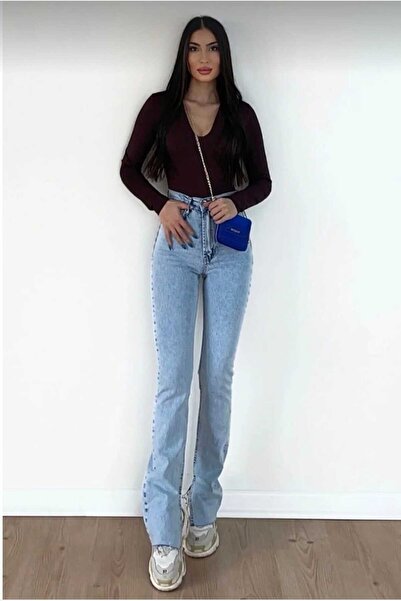 DRC trend Eliza 90's Stretch Fabric Casual Women's Open Snow Inside Slit Super High Waist Wide Leg Denim Jeans