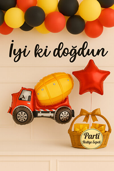 parti hediye sepeti Beton Mikseri Temalı Doğum Günü Süs Seti | Kırmızı Sarı İ...