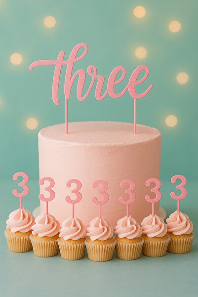 Atolye Doruk Pink 3Rd Birthday Cake Topper - Three Cake Lettering - Number 3 Cupcake Picks - Baby Girl Birthday