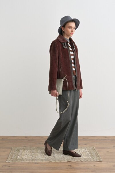 Nihan Deri Detaylı Angora Kısa Kaban Kahve