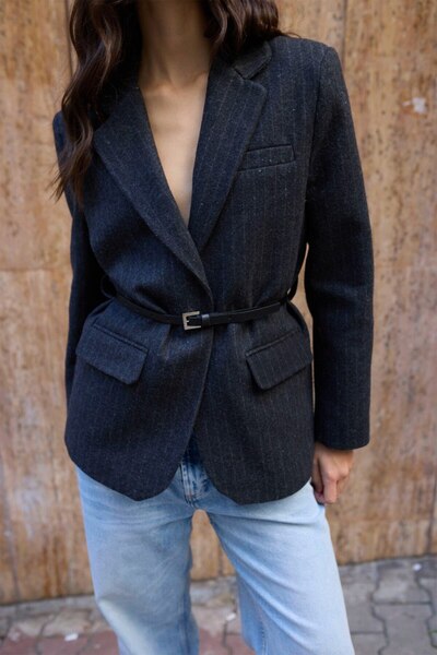 ossons Striped and Belt Detailed Cashmere Jacket