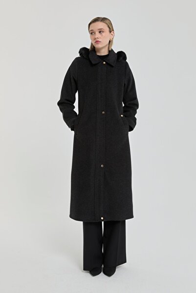 Nihan Büyük Beden Kürk Kapşonlu Kaban Füme