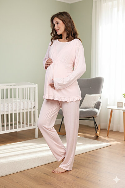 Lohussa Women's Powder Spanish Sleeve K Double-Breasted Collar Winter Special Design Maternity Maternity Dressing Gown Pajama Set Set