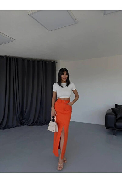 GENCULUS Gabardine Long Front Slit Skirt Orange