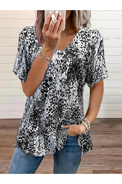 GENCULUS Women's V-Neck Colorful Leopard Pattern Gather Detail Single Jersey Blouse