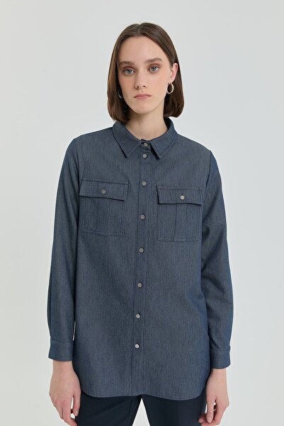Nihan Denim Görünümlü Cep Detaylı Tunik İndigo