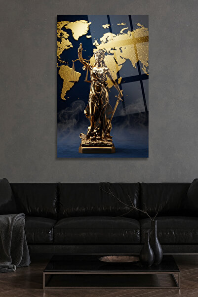 TAULART Themis Statue Design with World Map Glass Table Modern Unbreakable Glass Table Law Office Table