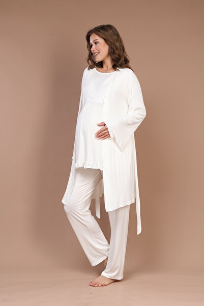 Lohussa Women's Ecru Spanish Sleeve K Double-Breasted Collar Winter Special Design Maternity Maternity Dressing Gown Pajama Set Set