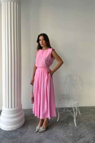 GENCULUS Chain Sleeve Blouse Maxi Skirt Set Pink