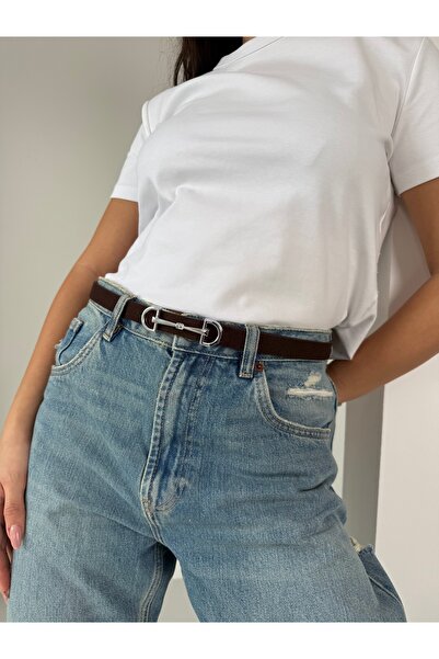 coaksco Women's Bitter Brown Suede Long Silver Double Buckle Belt