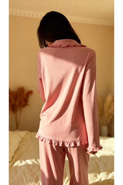 Pijamacs Dusty Rose Cotton Ruffle Detail Long Sleeve Front Buttoned Pajama Set