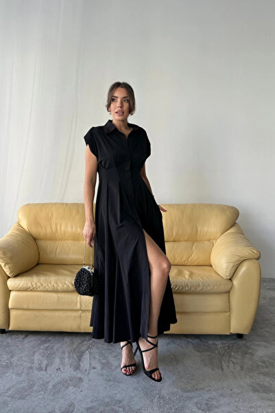 GENCULUS Koluz Padded Front Buttoned Pen Detailed Poplin Dress, Black