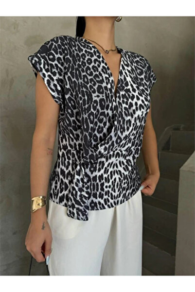 GENCULUS Leopard Print Detailled Blouse Gray