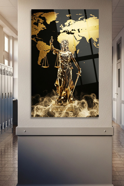 TAULART Themis Statue Design with World Map Glass Table Modern Unbreakable Glass Table Law Office Table