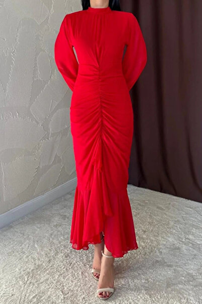 GENCULUS Red Front Gathered Chiffon Dress
