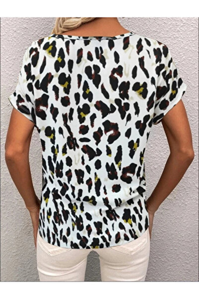 GENCULUS Women's Short Sleeve V Neck Leopard Pattern Crepe Blouse