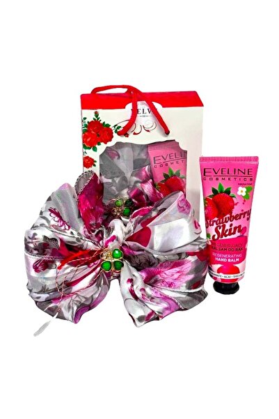 Eveline Cosmetics March package, satin scarf, four-leaf clover brooch, Eveline hand cream, Pink