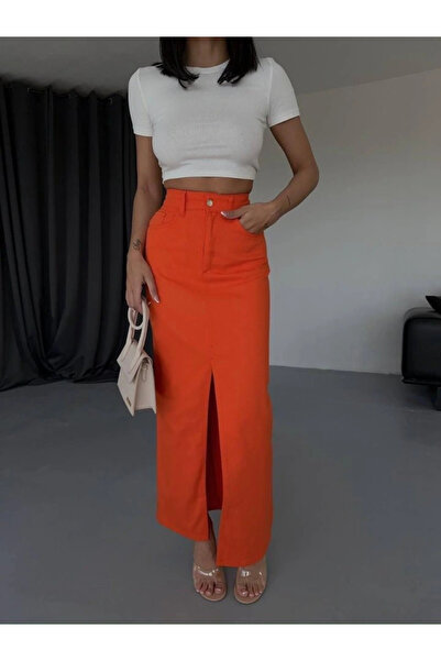 GENCULUS Gabardine Long Front Slit Skirt Orange