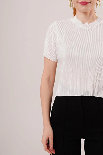 GENCULUS Ribbed Short Sleeve Shiny White Blouse