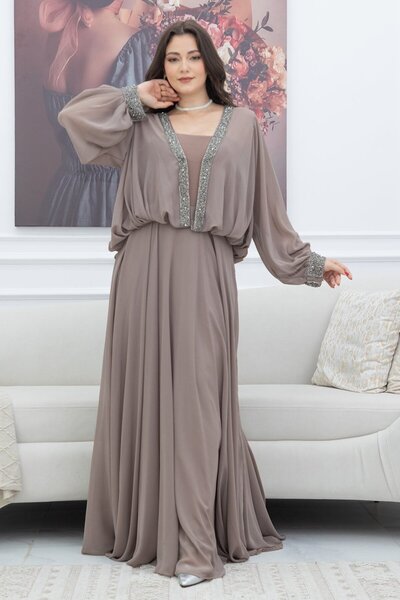 TREN Elegant Taupe Maxi Dress with Embellished Details | Modest Evening Gown for Special Occasions