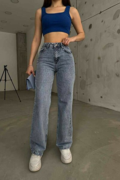 DRC trend Evelina 90`S Stretch Fabric Casual Women's Medium Snow Blue Super High Waist Wide Leg Denim Jeans