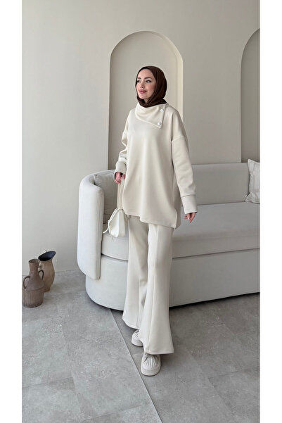 Miraydın Butik Women's Stone Shawl Collar Double Scuba Suit M7083 - Beige