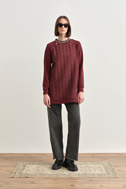 Nihan İnce Kapitone Ribanalı Sweat Bordo