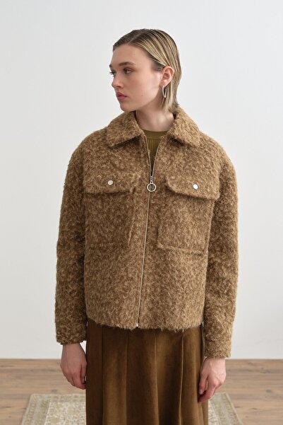 Nihan Fermuarlı Kısa Kaşe Ceket Açık Kahve