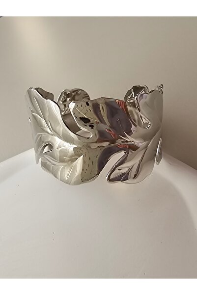 Zivazer Store Kadın çelik kararmaz yaprak desenli gümüş renginde kelepçe /bil...