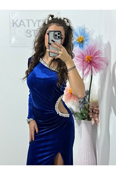 KATYDEA STORE Helena rochie lungă din catifea spectaculoasă albastru electric