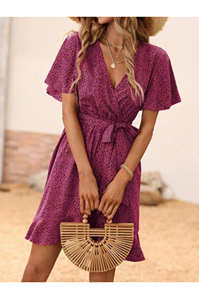 GENCULUS Women's Short Butterfly Sleeve Double Breasted Collar Waist Belted Short Patterned Single Jersey Dress