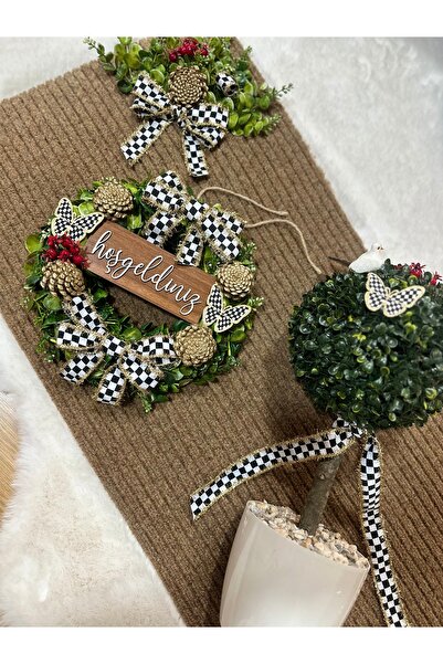 Marrone Büyük Boy Paspas 100*50 cm Şimşir Kapı önü Ağacı 50 cm Çelenk 3'lü Set