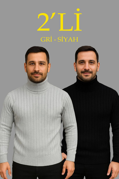 Butik Men's Corded Fabric Knitwear Sweater Set of 2 Gray Black Regular Turtleneck Full-Throated Knitwear Set Model Kaza