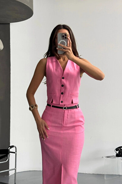 GENCULUS Yeekönden Yirtaçi Etek Tk Şantuk Keten Pink