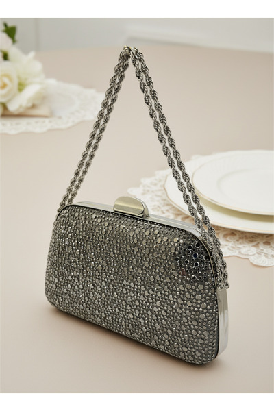 Biçanta Platinum Color Stone Chain Detailed Chain Handle Women's Evening Dress Bag Wedding Engagement Graduation