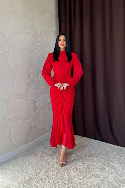 GENCULUS Red Front Gathered Chiffon Dress