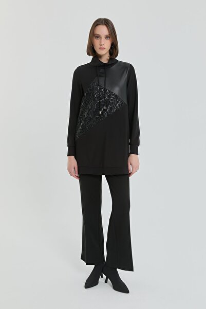 Nihan Deri ve Pullu Örme Tunik Siyah