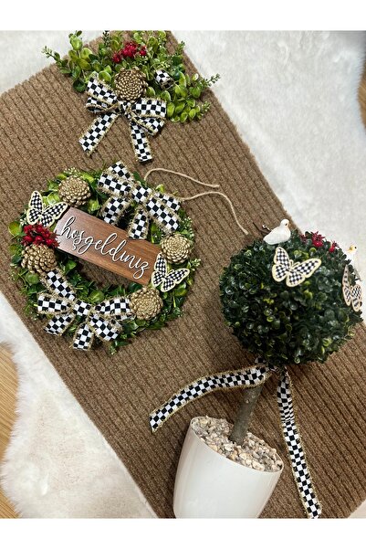 Marrone Büyük Boy Paspas 100*50 cm Şimşir Kapı önü Ağacı 50 cm Çelenk 3'lü Set