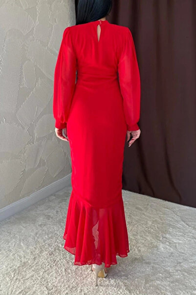 GENCULUS Red Front Gathered Chiffon Dress